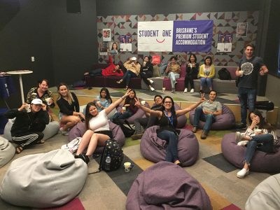 students in bean bags